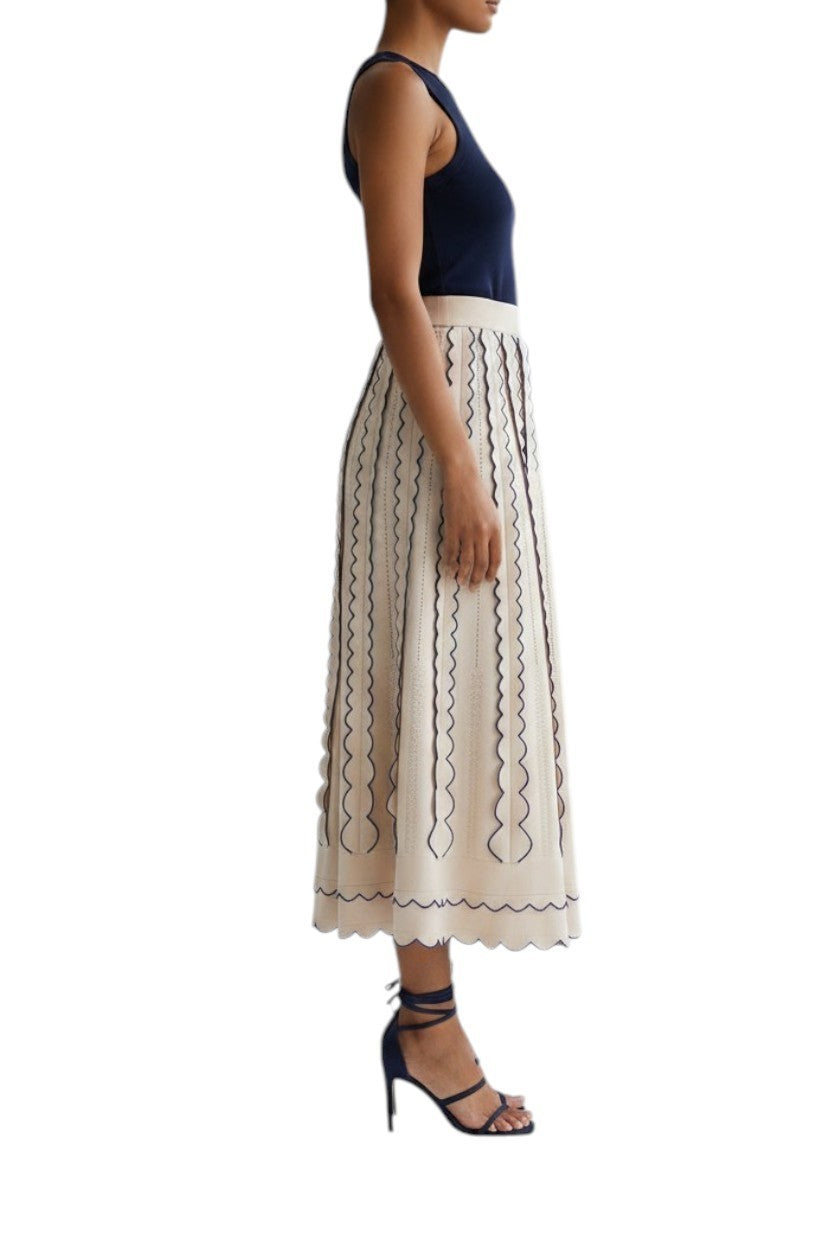 Naked Pear Zimmermann Wonderland cream and blue knit midi skirt with cutout details and a high-waisted silhouette