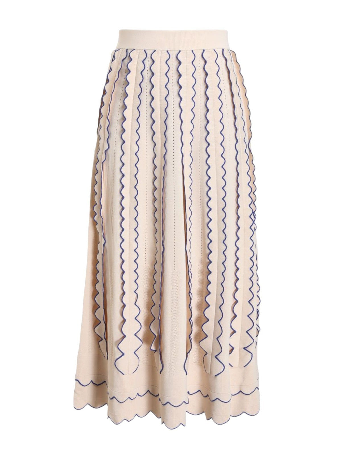 Naked Pear Zimmermann Wonderland cream and blue knit midi skirt with wavy cutout details and a high-waisted silhouette.