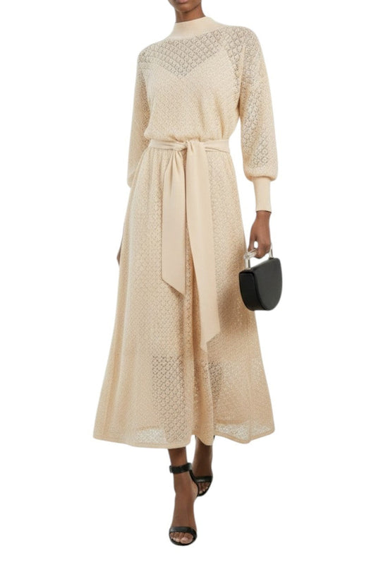 Naked Pear Zimmermann cream pointelle knit midi dress with batwing sleeves and a removable waist tie belt