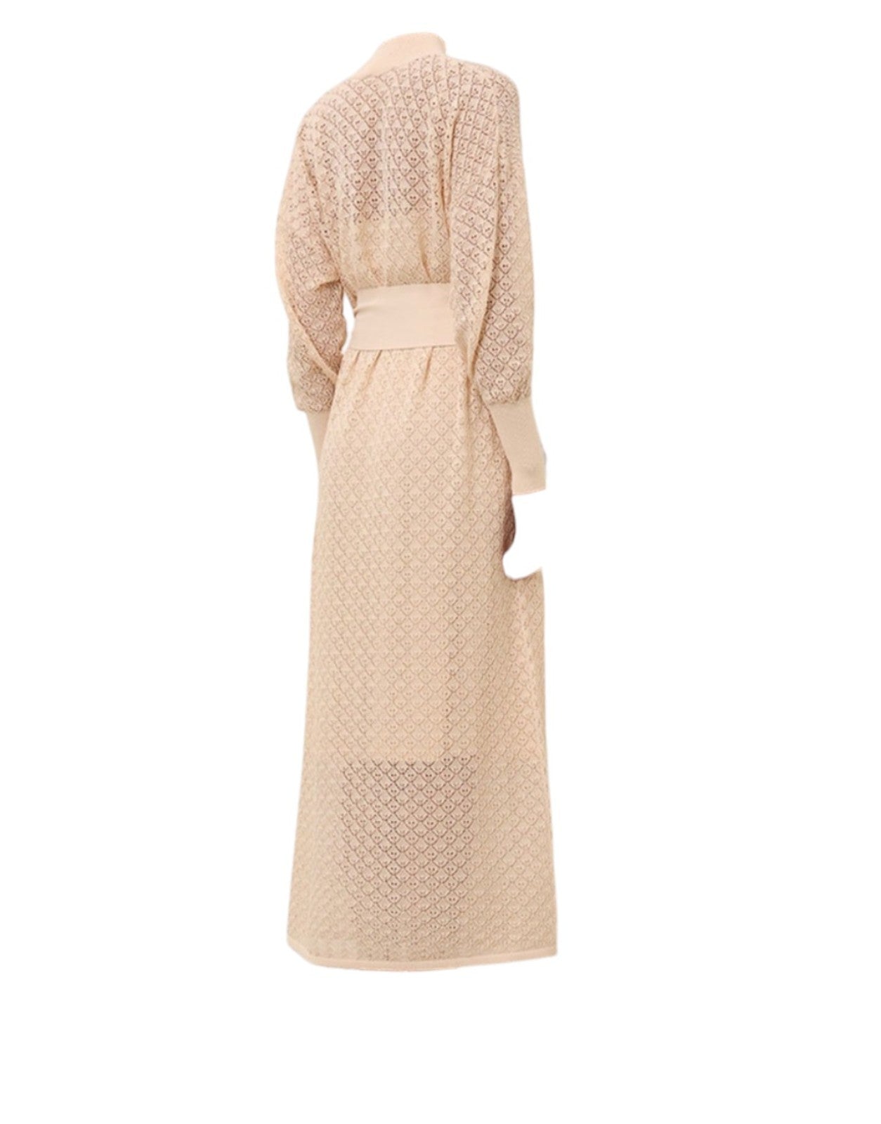Naked Pear Zimmermann cream pointelle knit midi dress with batwing sleeves and a removable waist belt, back view