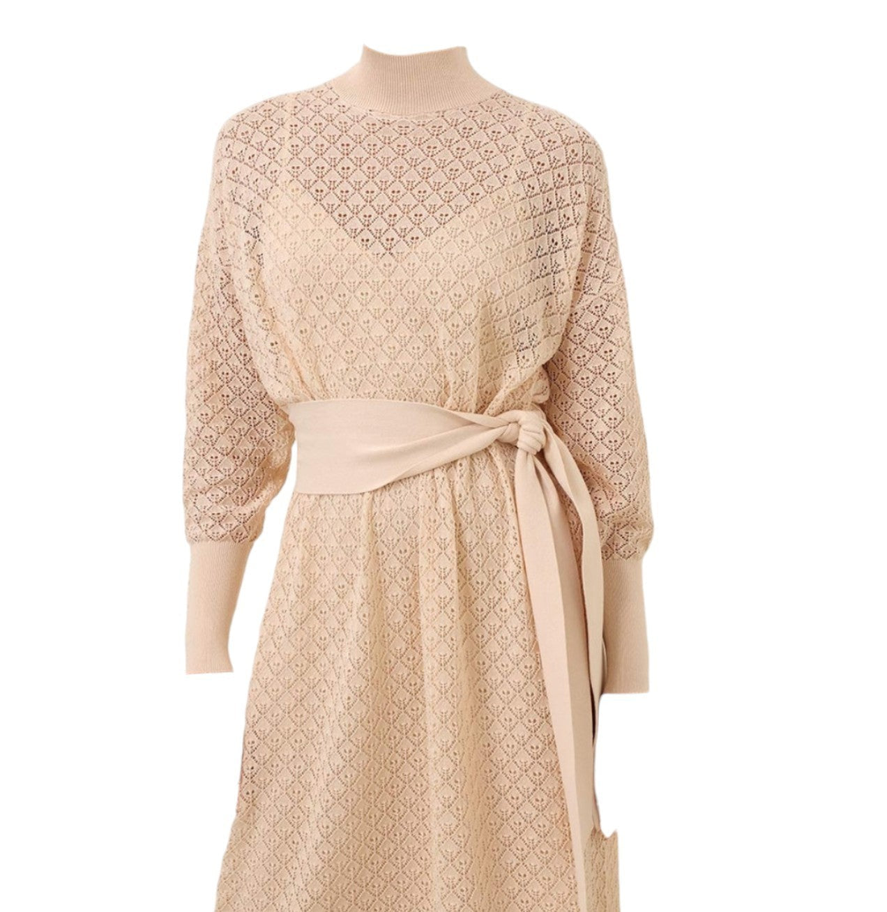 Naked Pear Zimmermann cream pointelle knit midi dress with long batwing sleeves and a removable waist tie belt