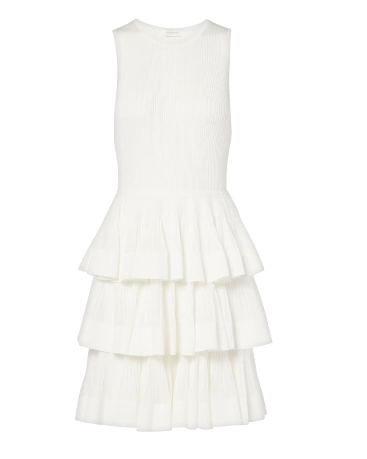 Naked Pear Zimmermann Crush cream knitted mini dress featuring a sleeveless ribbed bodice and a tiered ruffled skirt.