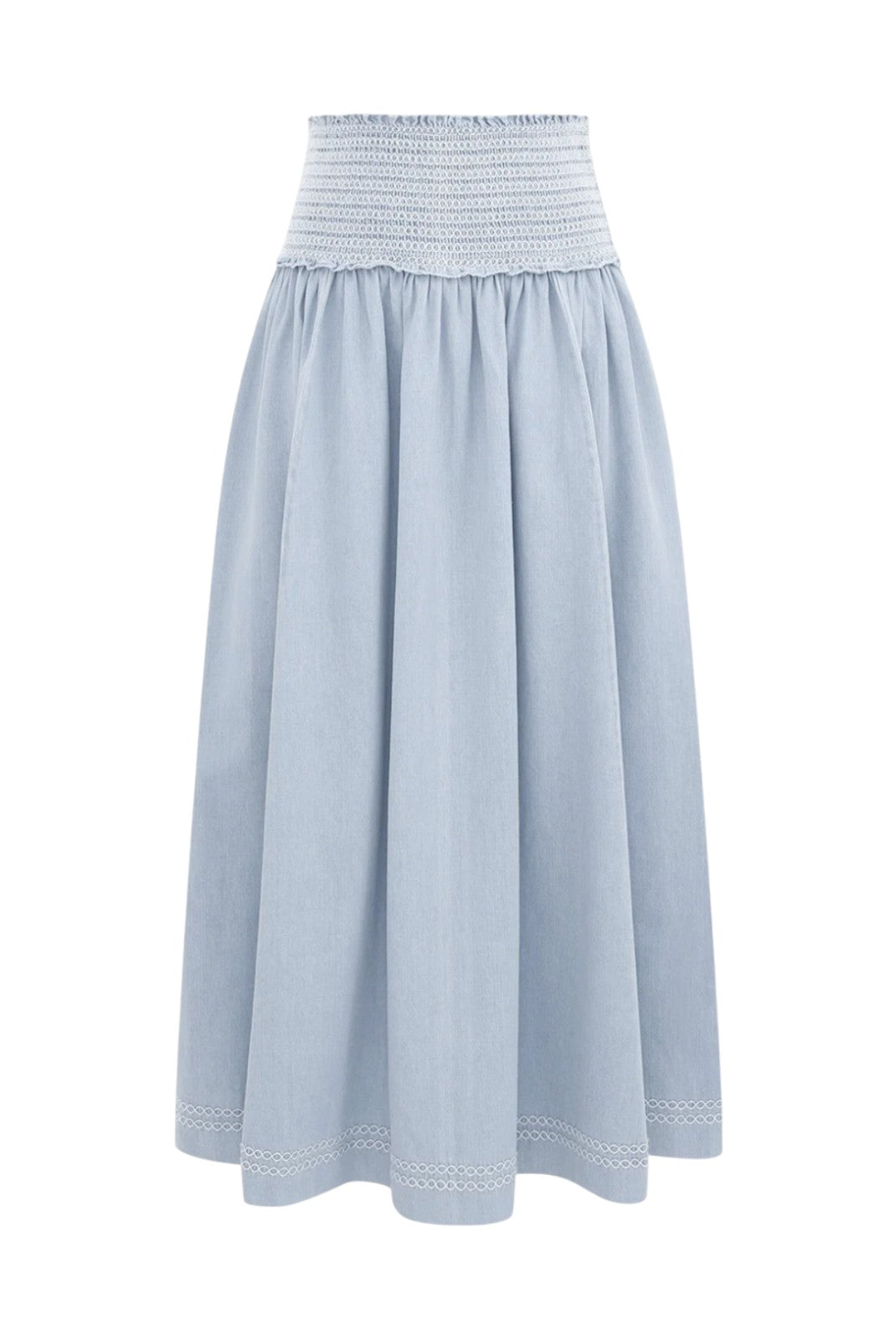 Naked Pear Zimmermann Ascension light blue denim midi skirt with a shirred high waist and flared silhouette.