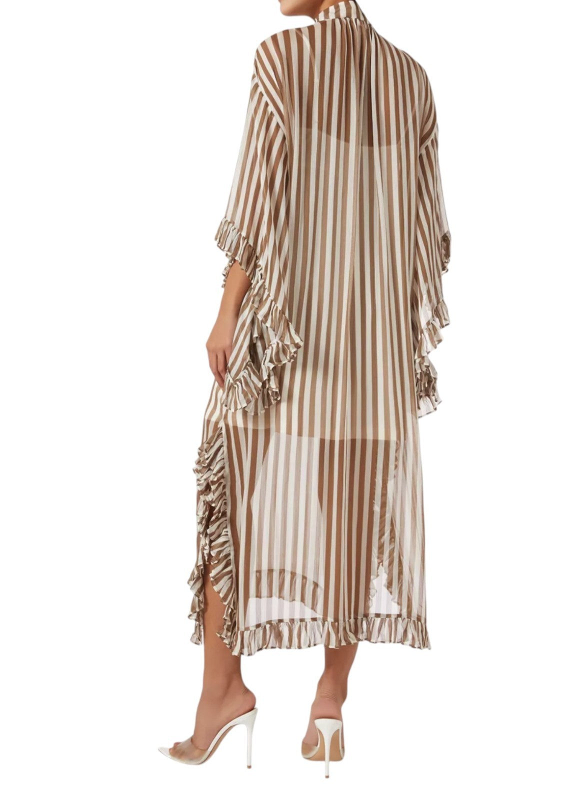 Naked Pear Zimmermann Balance khaki and white striped sheer midi tunic dress with ruffled cuffs and hem, back view