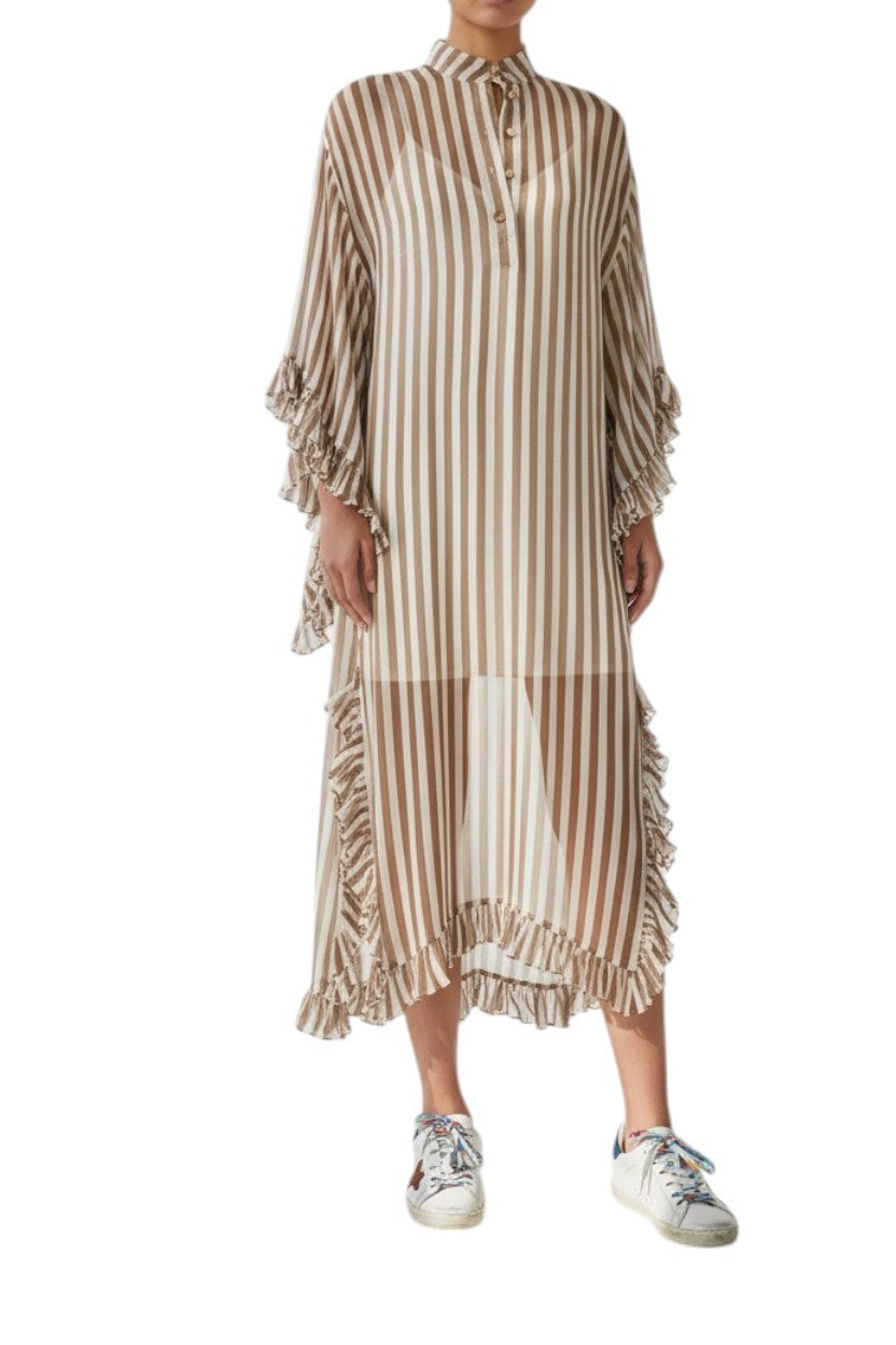 Naked Pear Zimmermann Balance midi tunic dress in sheer khaki and white stripe viscose with ruffle hem and cuffs
