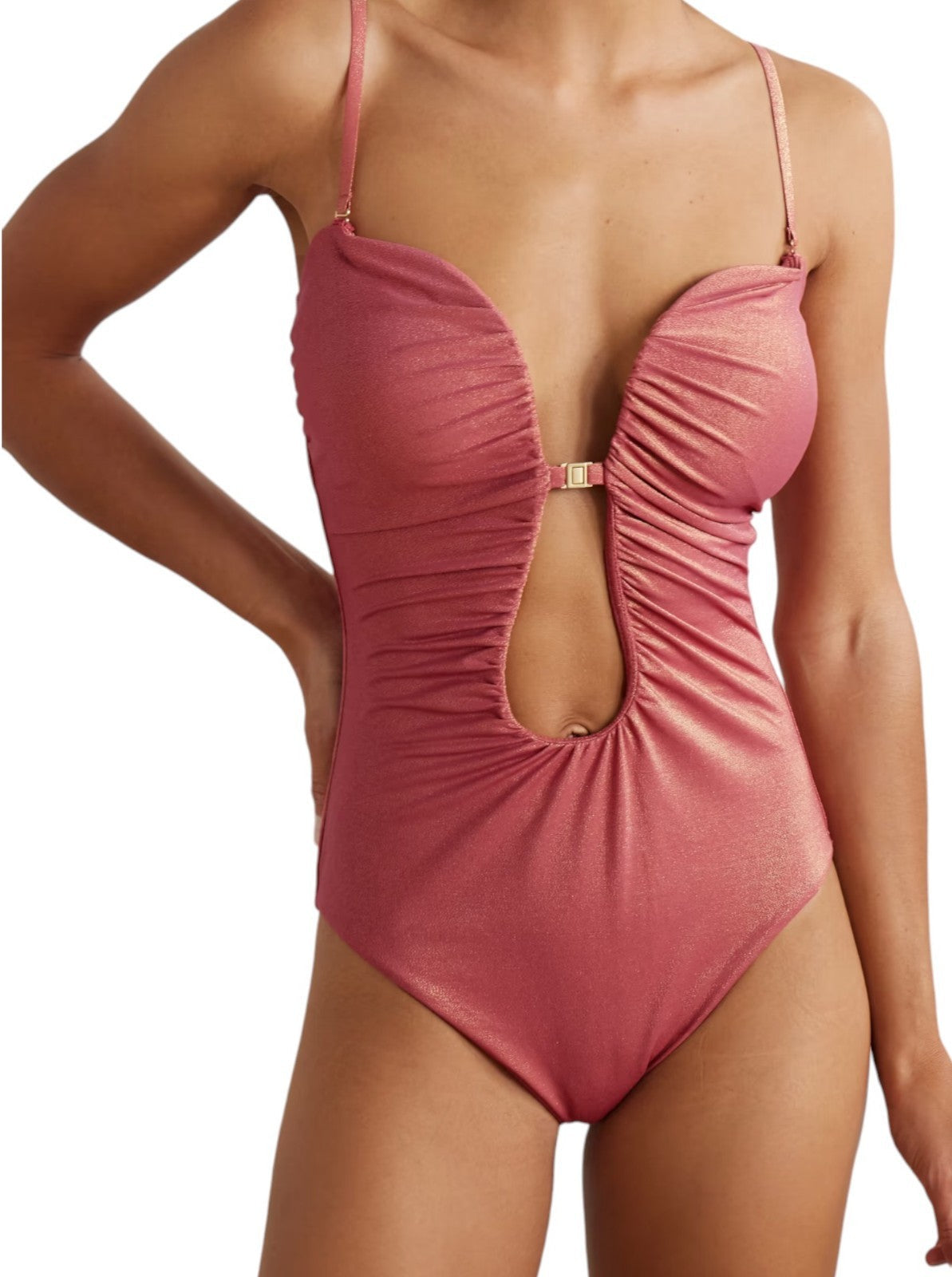 Naked Pear Zimmermann Rhiannon slate rose metallic lycra one-piece swimsuit with deep plunge V-wire neckline