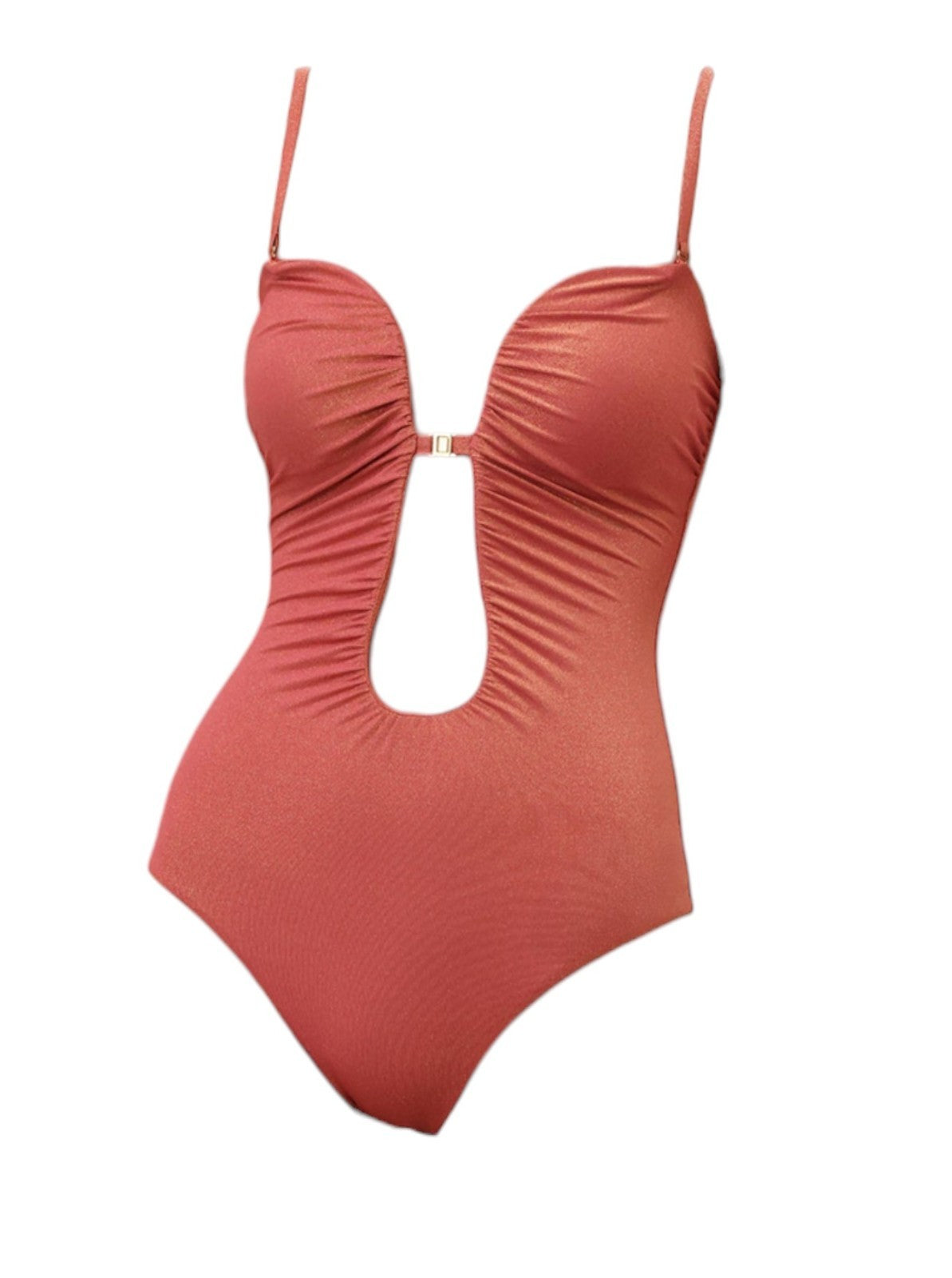 Naked Pear Zimmermann Rhiannon slate rose metallic lycra one-piece swimsuit with a deep plunging V-wire neckline.