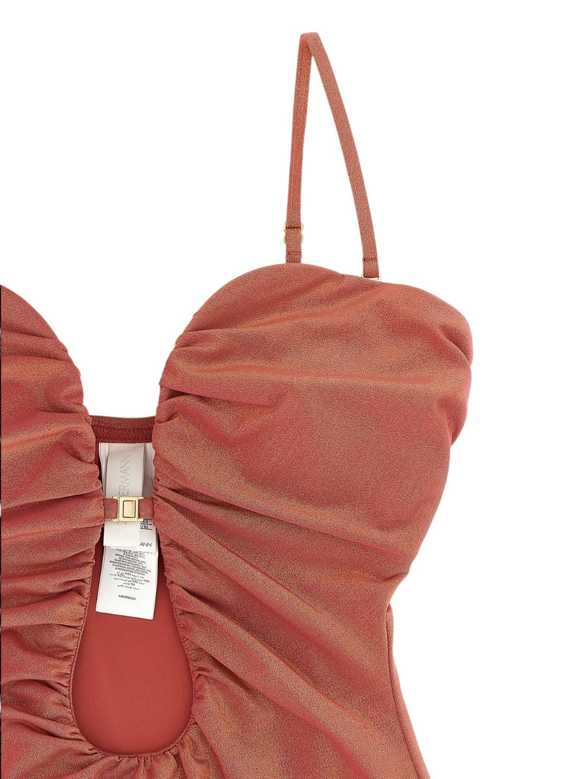 Naked Pear Zimmermann Rhiannon metallic slate rose one-piece swimsuit with plunging V-wire neckline and gathered bust