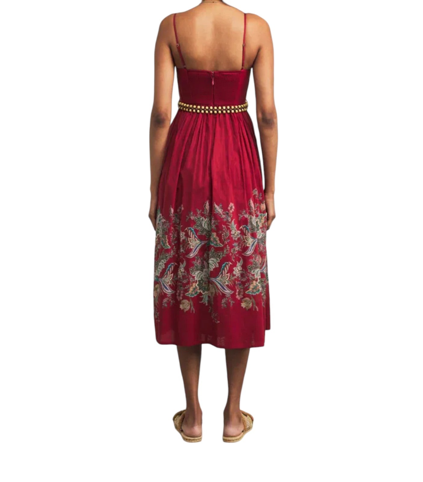 Back view of Naked Pear Zimmermann Rhiannon red paisley cotton midi dress with corset bodice and detachable belt