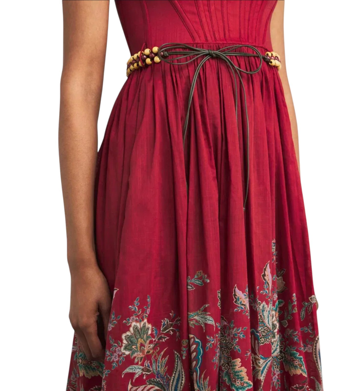 Naked Pear Zimmermann Rhiannon red cotton midi dress with corset bodice, paisley print, and beaded waist belt