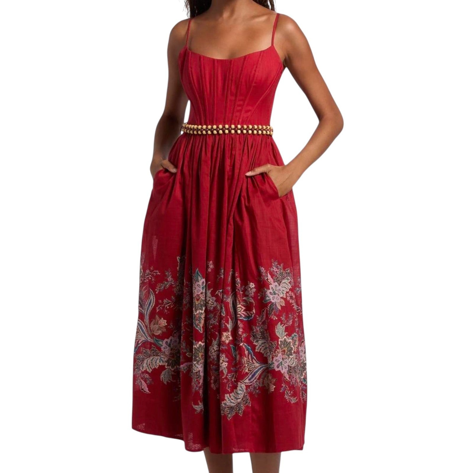 Naked Pear Zimmermann Rhiannon red paisley cotton midi dress with a boned corset bodice and detachable belt