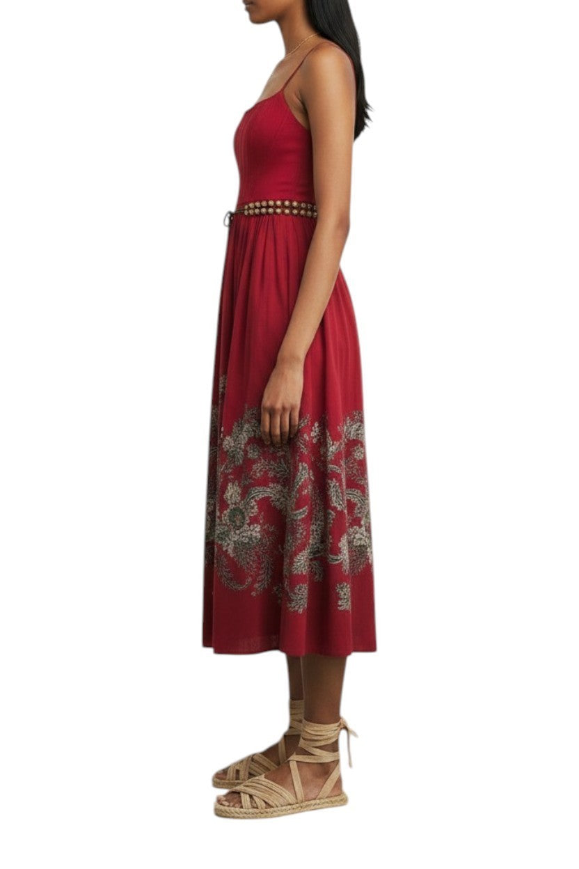 Naked Pear Zimmermann Rhiannon red paisley cotton midi dress with a structured corset bodice and detachable belt
