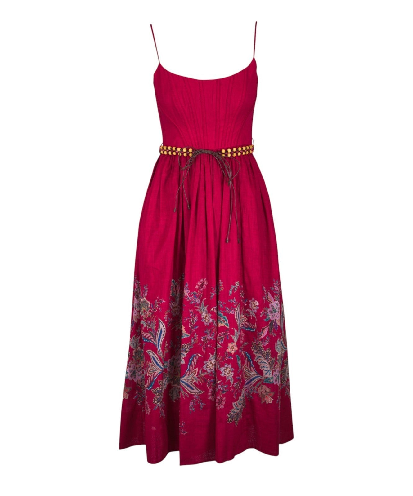 Naked Pear Zimmermann Rhiannon red cotton midi dress with corset bodice, paisley print, and detachable belt