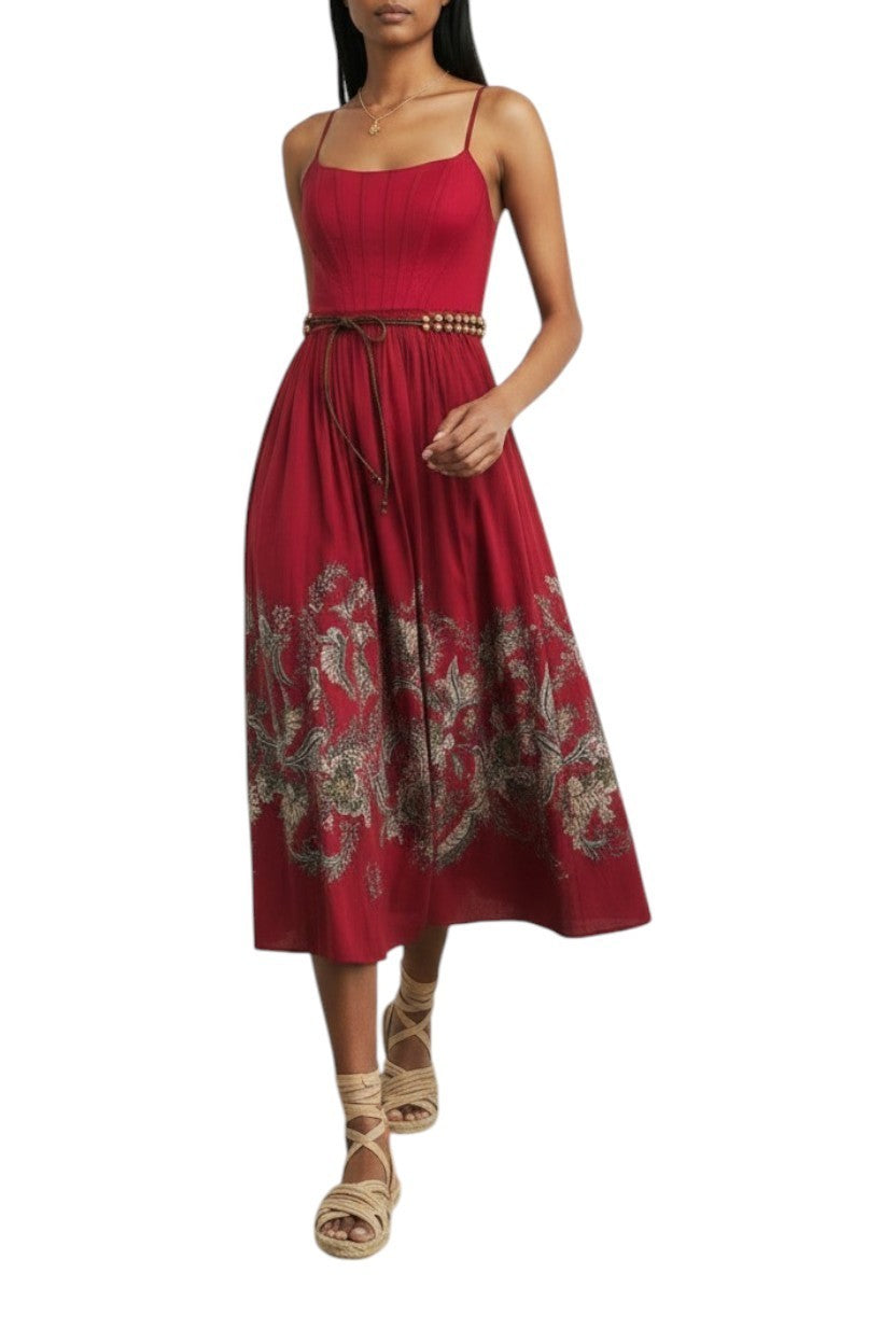 Naked Pear Zimmermann Rhiannon red paisley cotton midi dress with a boned corset bodice and a detachable belt