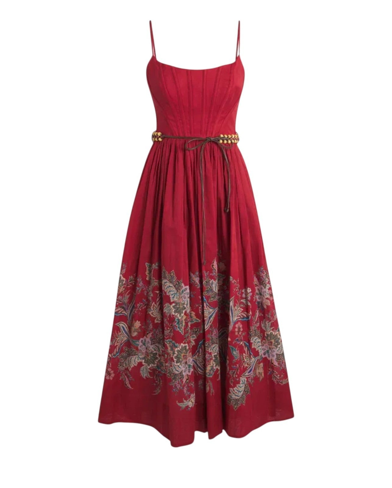 Naked Pear Zimmermann Rhiannon red cotton midi dress with corset bodice, paisley print, and thin waist belt.