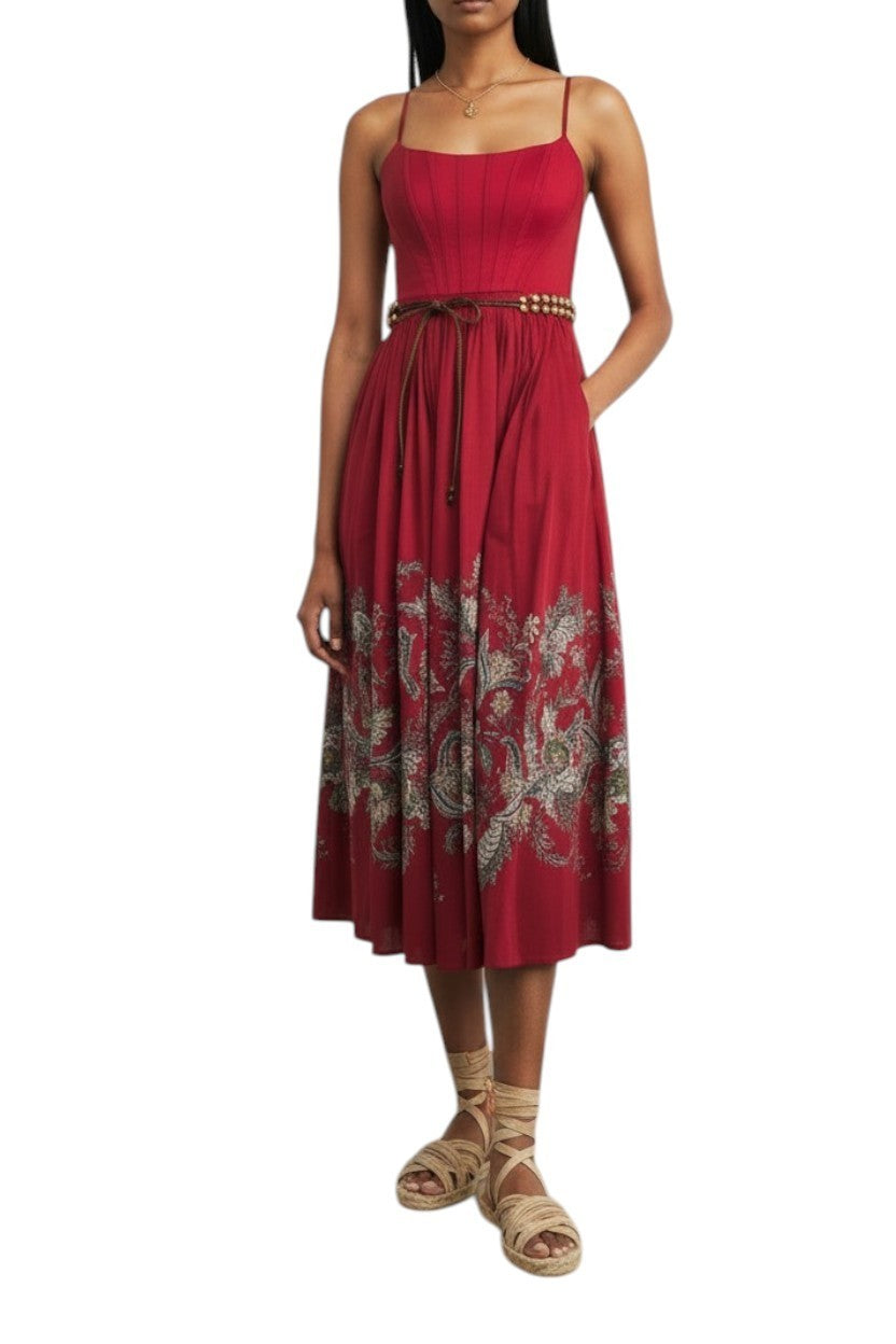 Naked Pear Zimmermann Rhiannon red cotton midi dress with corset bodice, paisley print, and thin waist belt