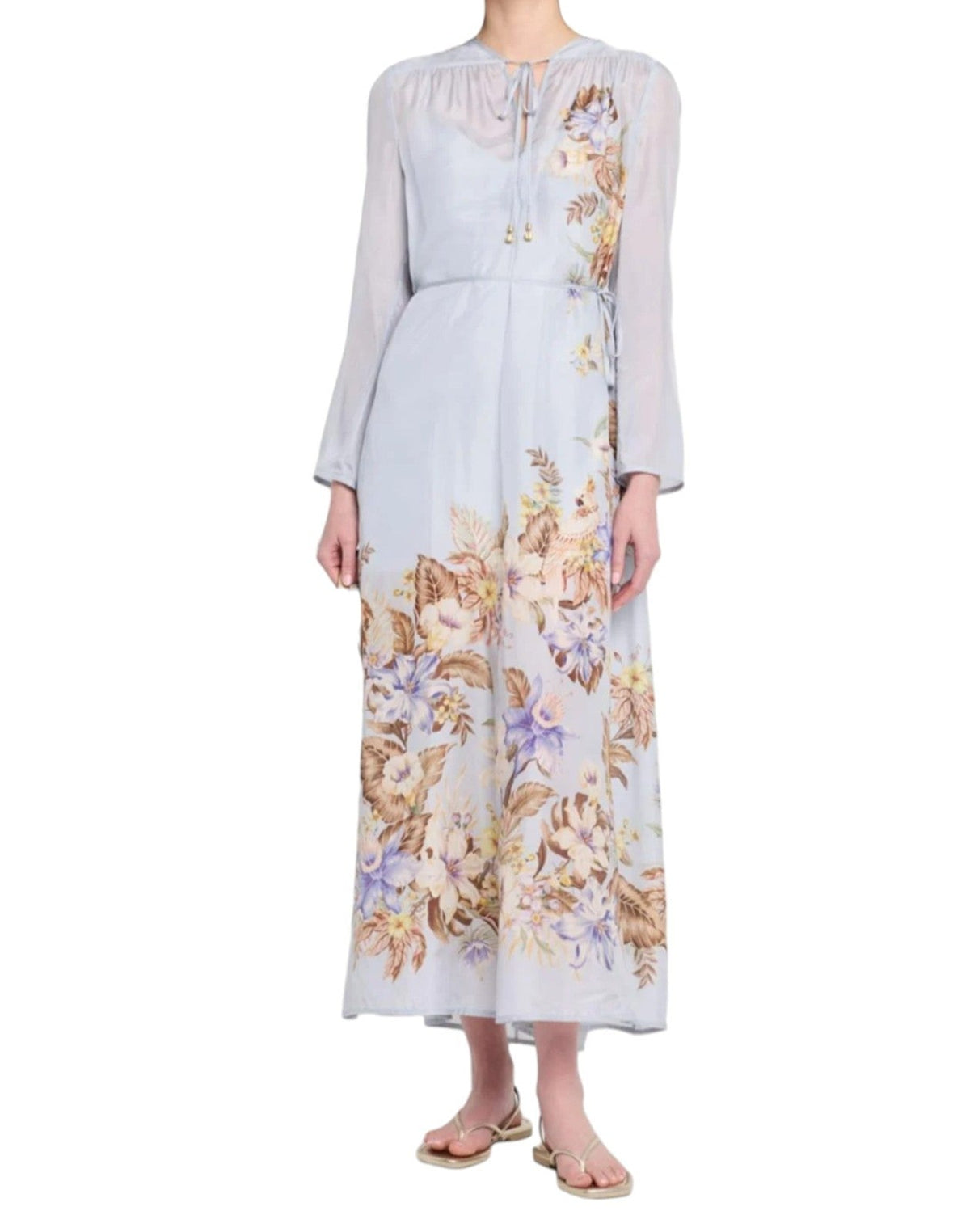 Naked Pear Zimmermann Coco Billow maxi dress in powder blue silk with floral print, long sleeves, and neck tie.