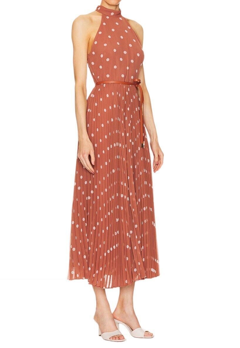 Naked Pear Zimmermann Sunray midi dress in aragon and cream polka dot with a high neck and leather tie belt