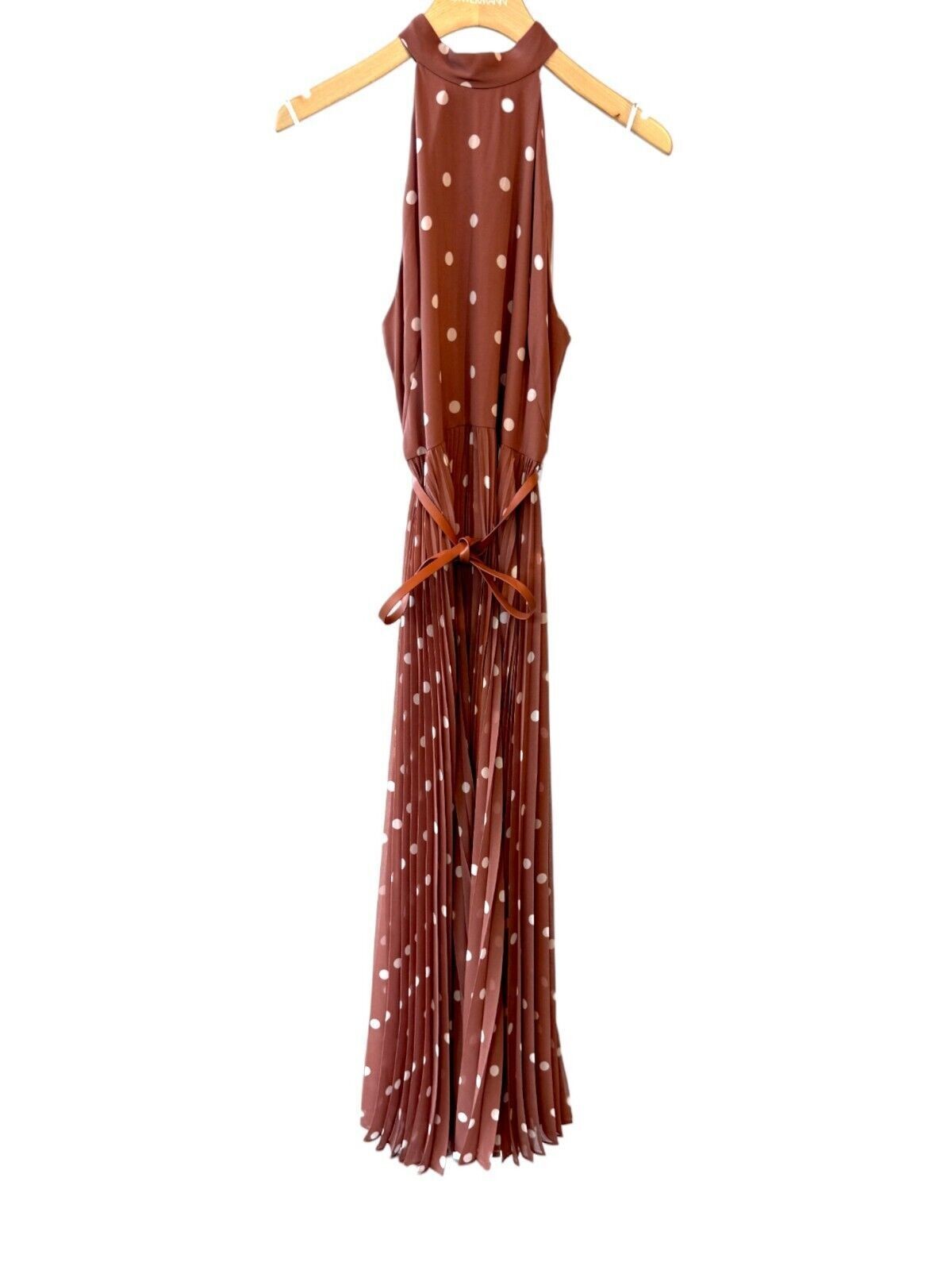 Naked Pear Zimmermann Sunray midi dress in aragon cream polka dot with a high neck and leather tie belt