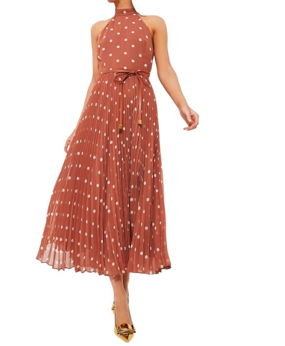Naked Pear Zimmermann Sunray midi dress in aragon and cream polka dot with a high neck and leather tie belt