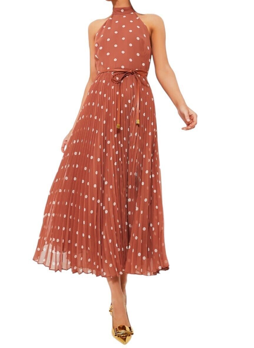 Naked Pear Zimmermann Sunray midi dress in aragon cream polka dot with a high neck and leather tie belt
