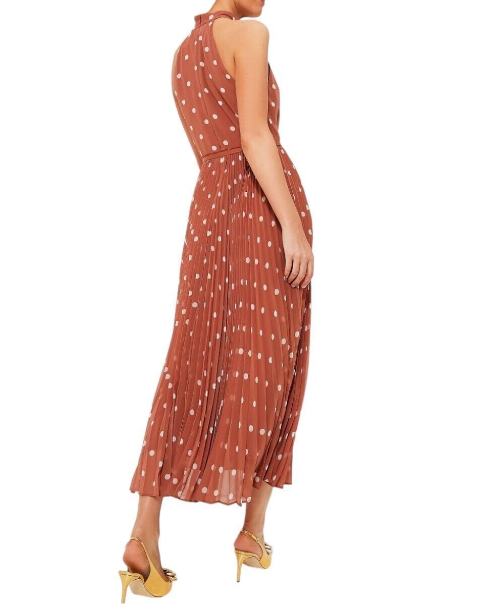 Naked Pear Zimmermann Sunray midi dress in aragon and cream polka dot with a high neck and pleated skirt