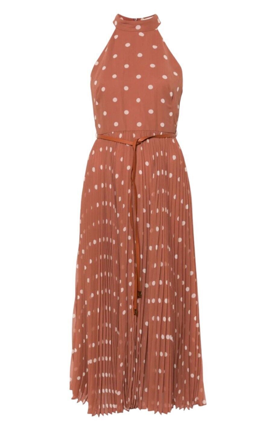 Naked Pear Zimmermann Sunray midi dress in aragon and cream polka dot with a high neck and leather tie belt.