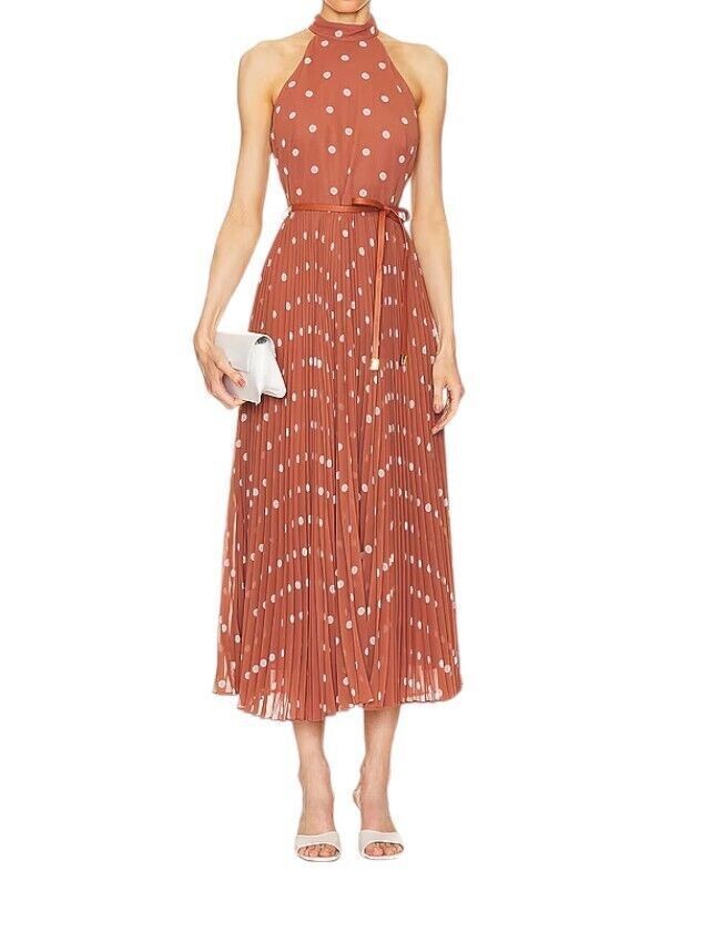 Naked Pear Zimmermann Sunray midi dress in aragon cream polka dot with high neck and leather tie belt