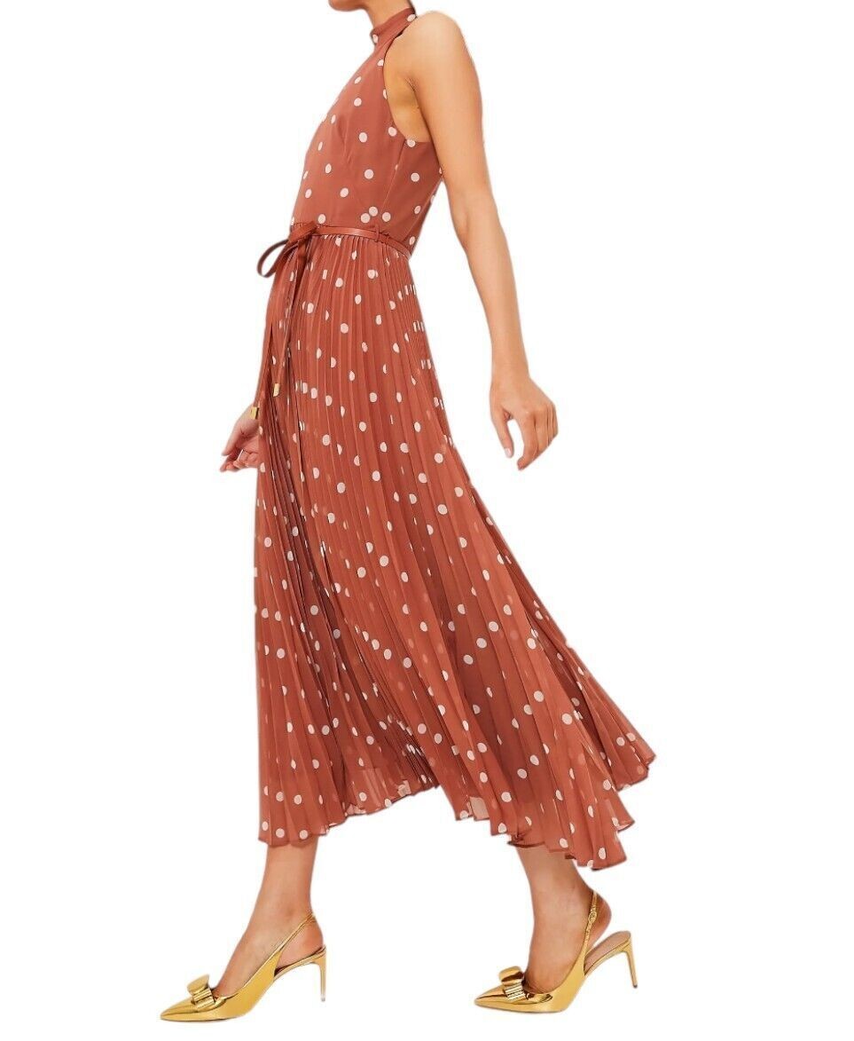 Naked Pear Zimmermann Sunray Picnic midi dress in aragon cream polka dot with a leather tie belt and pleated skirt.