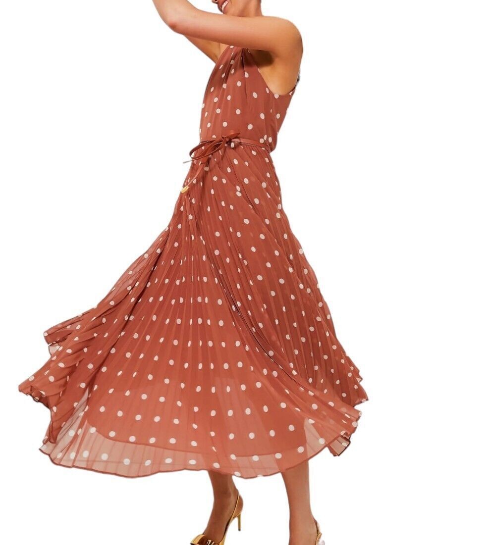 Naked Pear Zimmermann Sunray midi dress in aragon cream polka dot with a pleated skirt and leather tie belt
