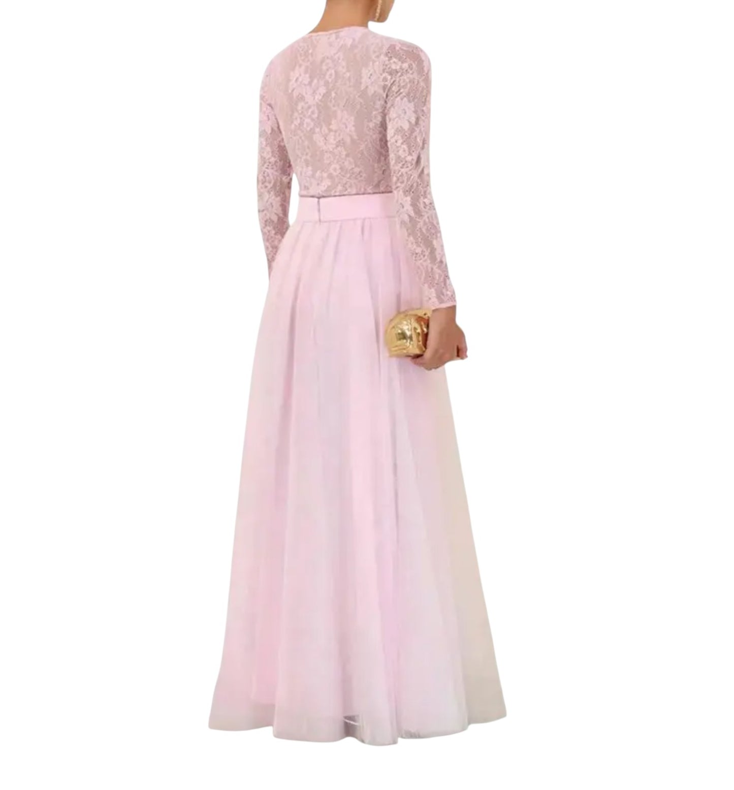 Naked Pear Zimmermann lilac tulle maxi skirt with high waist and gathered layers worn with a lace long-sleeve top.