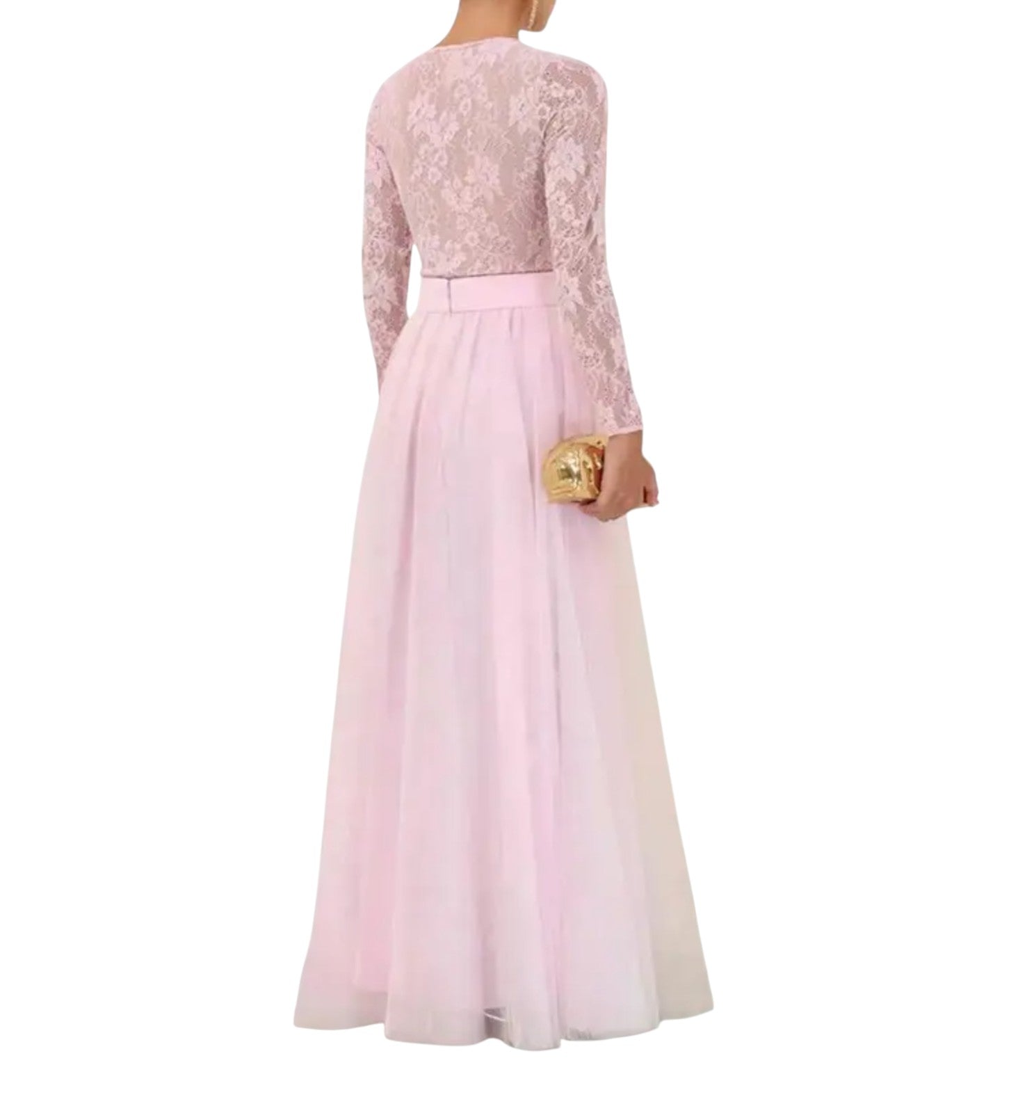 Naked Pear Zimmermann lilac tulle maxi skirt with high waist and gathered layers worn with a lace long-sleeve top.