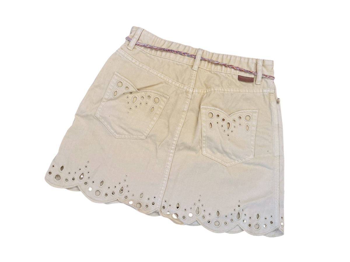 Naked Pear Zimmermann yellow cotton denim mini skirt with scalloped hem, embroidered cut-outs, and back pockets.