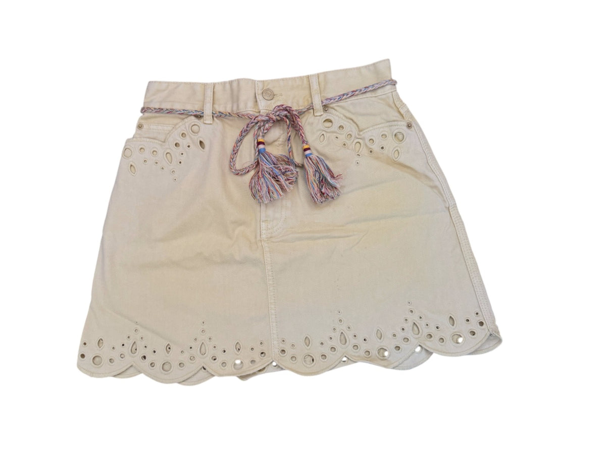 Naked Pear Zimmermann yellow cotton denim mini skirt with scalloped hem, embroidered cut-outs, and tassel tie belt.