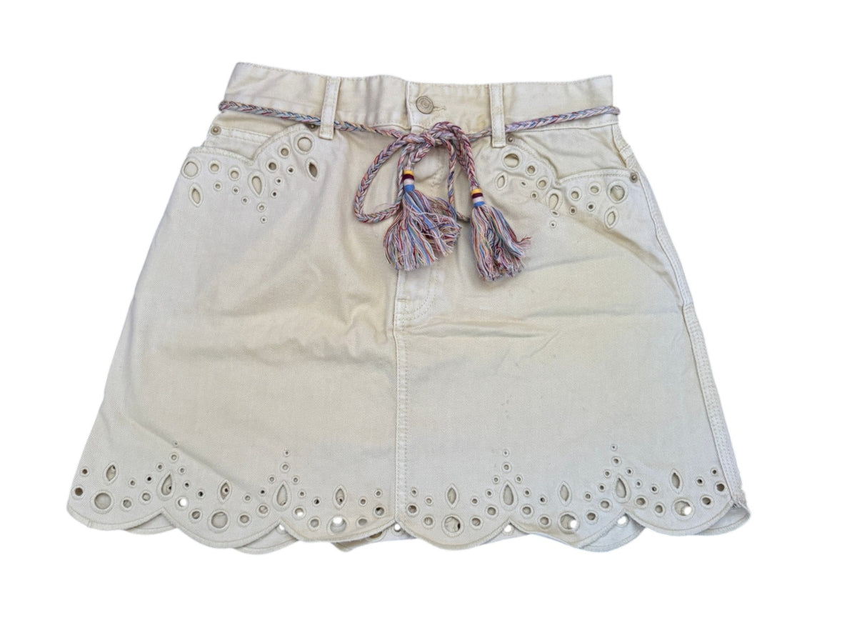 Naked Pear Zimmermann yellow cotton denim mini skirt with scalloped hem, embroidered cut-outs, and tassel tie belt.
