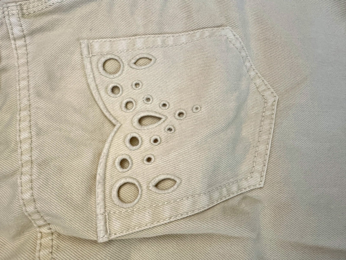 Naked Pear Zimmermann yellow cotton denim skirt pocket with intricate embroidered cut-out detailing