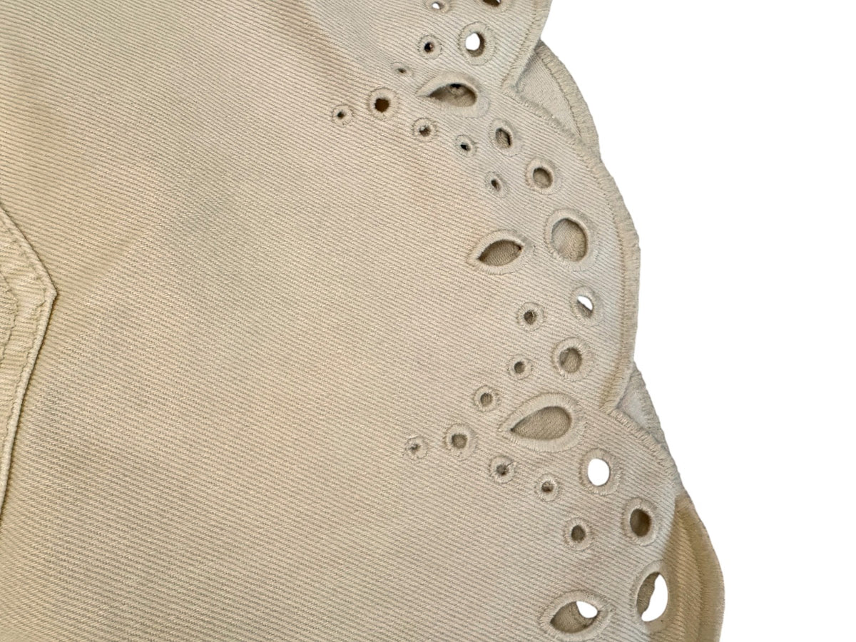 Naked Pear Zimmermann yellow cotton denim skirt featuring intricate scalloped hem and embroidered cut-out details