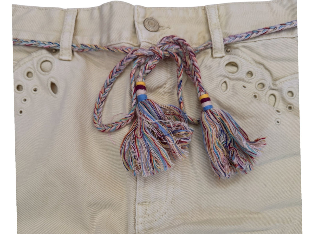 Naked Pear Zimmermann yellow denim mini skirt featuring a braided drawstring belt with colourful tassel ends