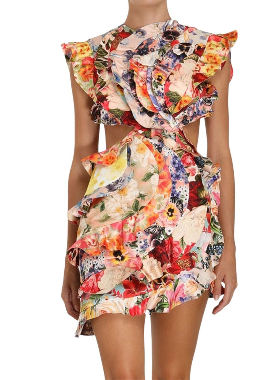 Colorful floral dress with ruffles on a white background.