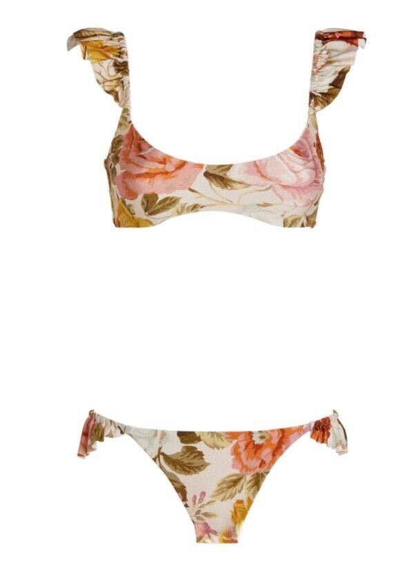 Zimmermann Bonita Frill Shoulder Bikini | Cream Floral / Mango Yellow