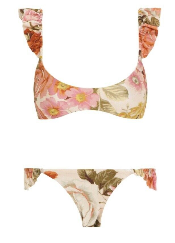 Zimmermann Bonita Frill Shoulder Bikini | Cream Floral / Mango Yellow