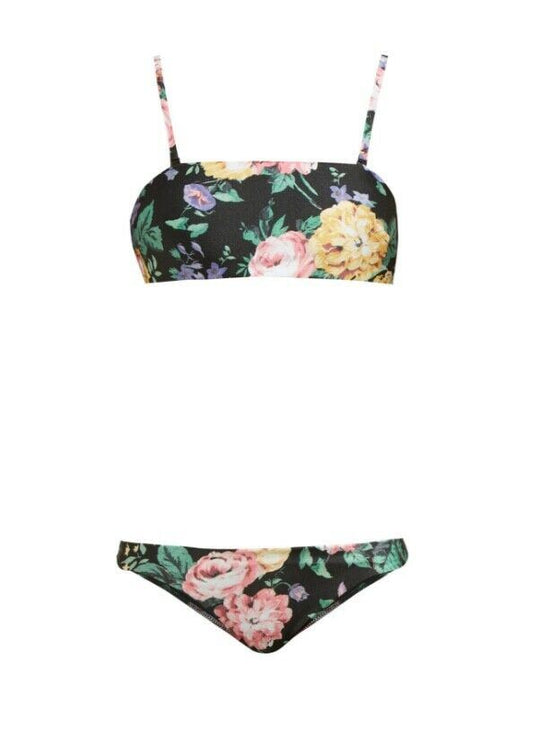 Zimmermann Allia Bandeau Bikini Set | Black Floral Bandeau Hipster $450 RRP