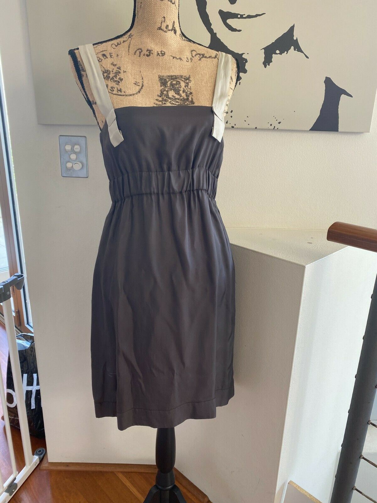 Scanlan & Theodore Charcoal Dress / Contrast Straps, Acetate Cupro, Empire Waist