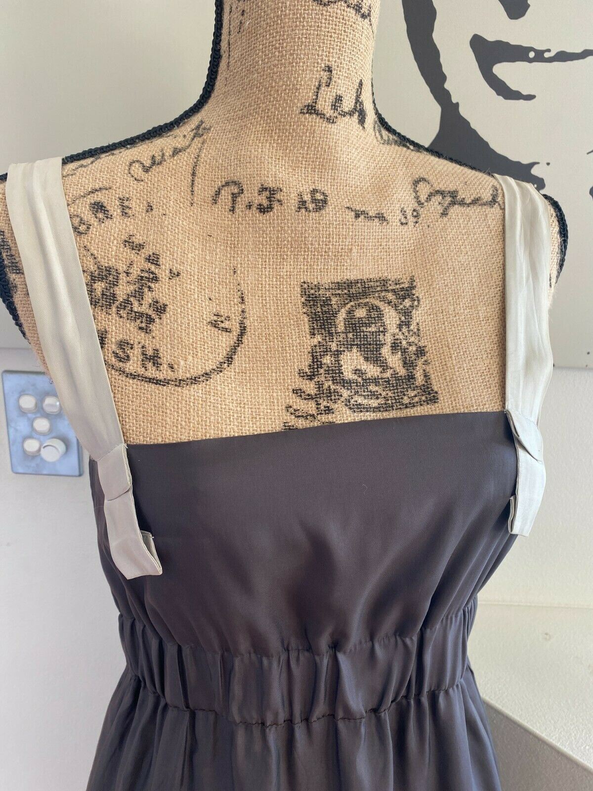 Scanlan & Theodore Charcoal Dress / Contrast Straps, Acetate Cupro, Empire Waist