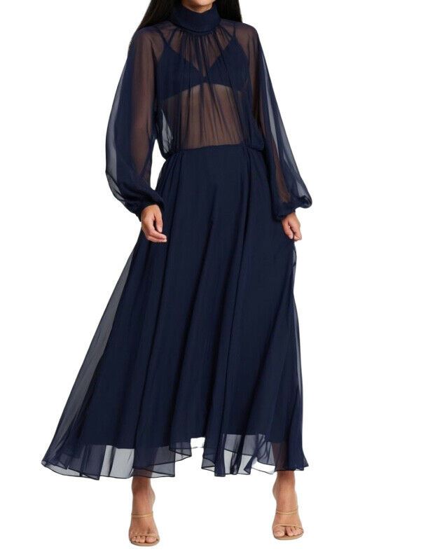 Camilla and Marc Addison Dress | Dark Navy Sheer Chiffon, Circular Hem, Midi