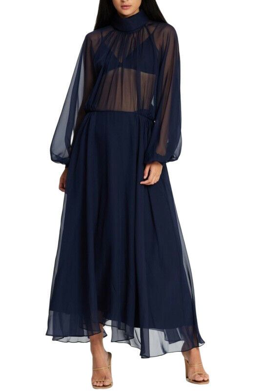 Camilla and Marc Addison Dress | Dark Navy Sheer Chiffon, Circular Hem, Midi