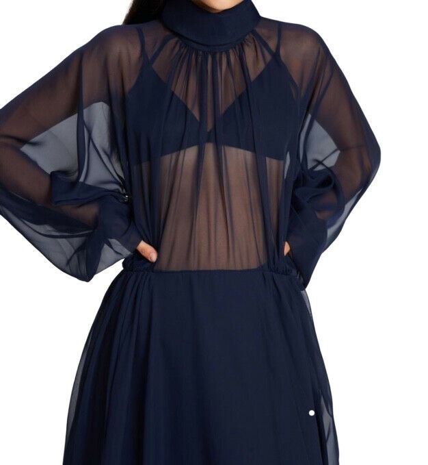 Camilla and Marc Addison Dress | Dark Navy Sheer Chiffon, Circular Hem, Midi