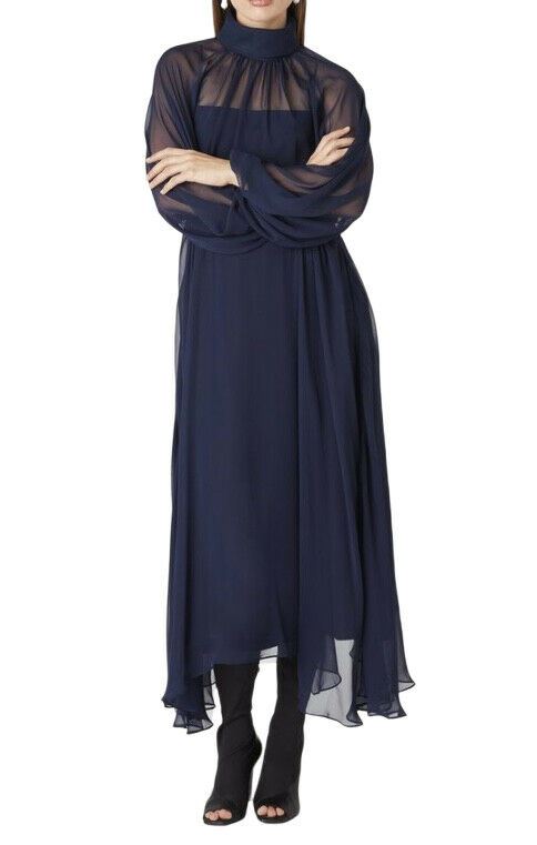 Camilla and Marc Addison Dress | Dark Navy Sheer Chiffon, Circular Hem, Midi