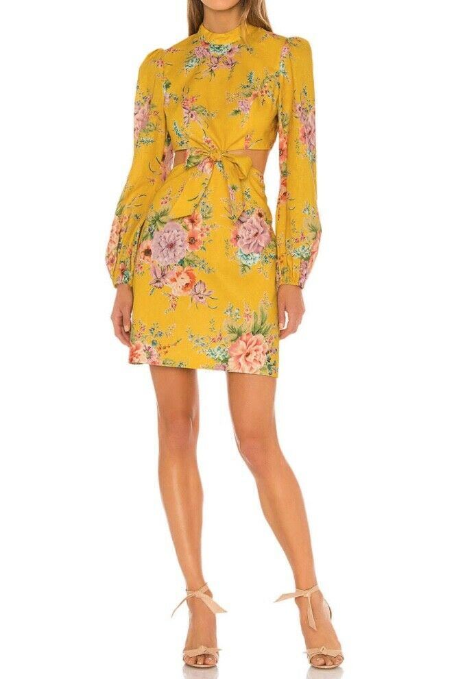 Zimmermann Zinnia Cut Out Short Dress | Yellow Golden Floral, Dolman Sleeves