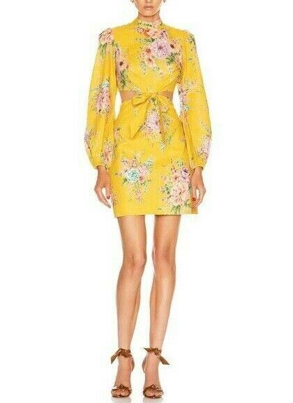 Zimmermann Zinnia Cut Out Short Dress | Yellow Golden Floral, Dolman Sleeves